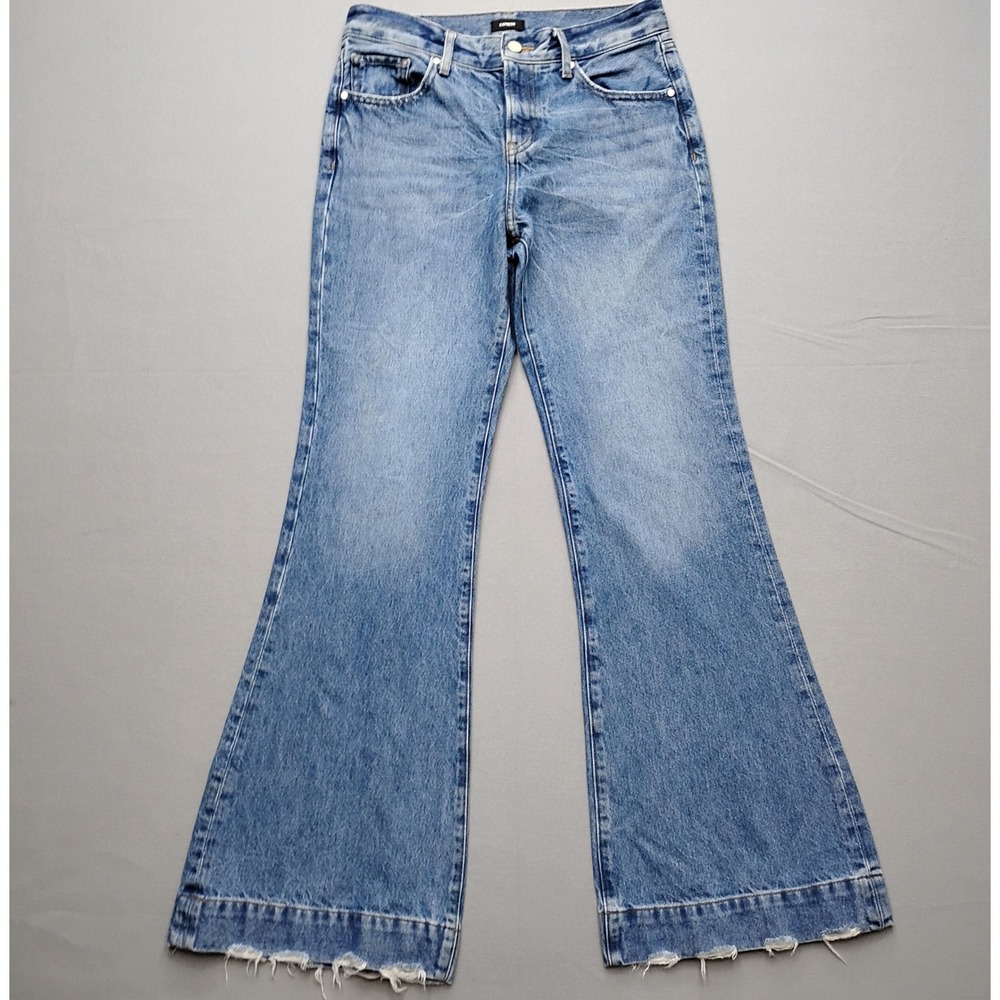 Express 70s Flare Mid Rise Jeans Medium Wash Raw Hem Womens Size 2R